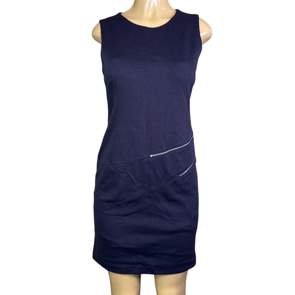 Michael Kors Sleeveless Shift Dress Asymmetrical Zipper Navy Blue Size 6